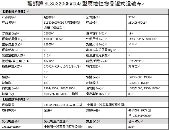 SLS5320GFWC5Q型解放前四后八腐蝕性物品罐式運輸車技術參數 SLS5320GFWC5Q型解放前四后八腐蝕性物品罐式運輸車技術參數
